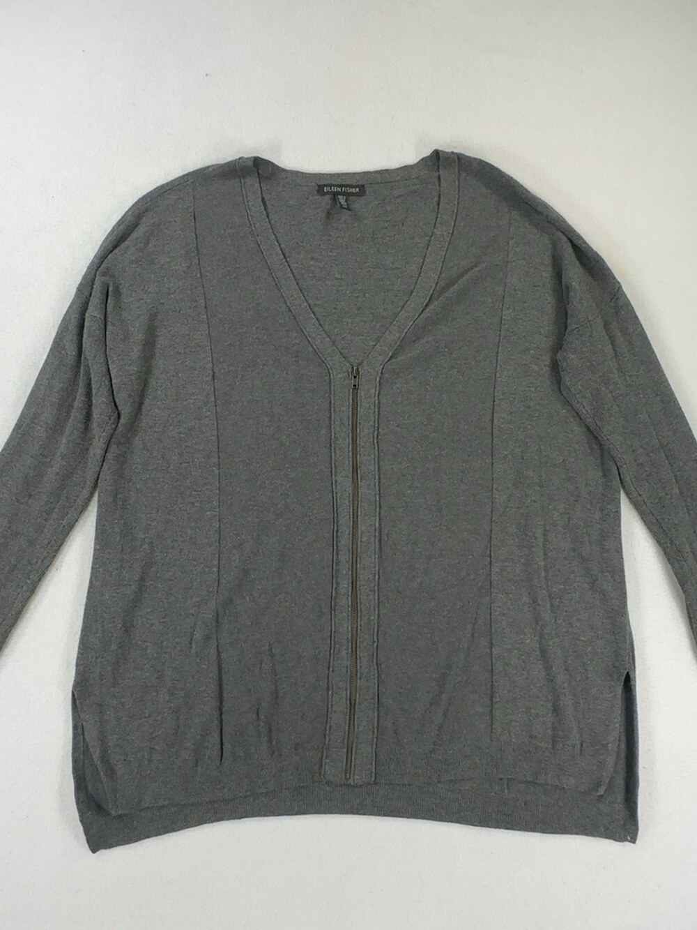 Eileen Fisher V-Neck Zip Sweater Viscose Heather Gray Women's Size Small